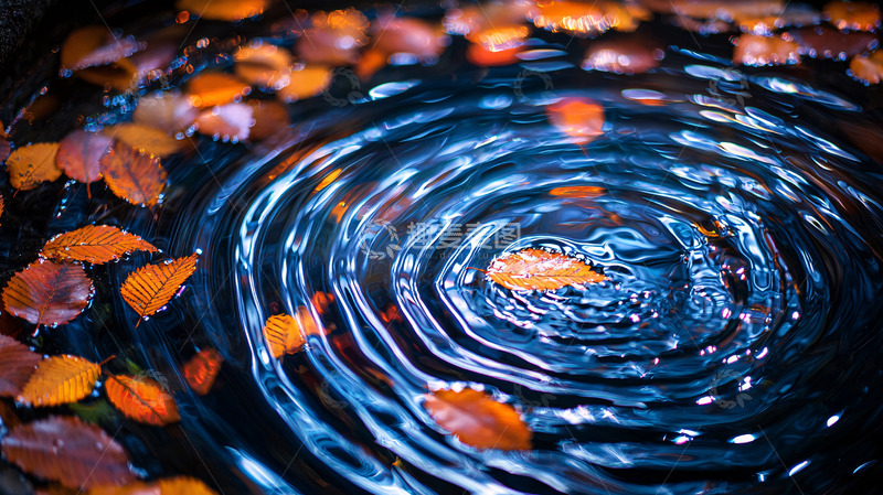 高清大图下载【趣麦麦图】秋叶漂浮水面涟漪