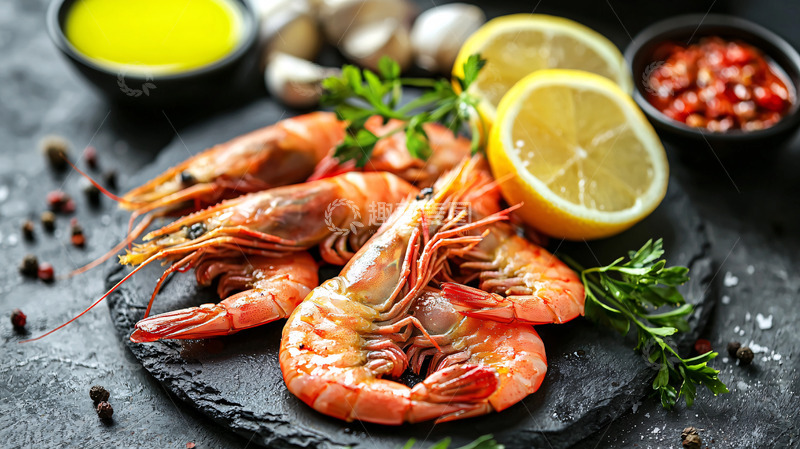 高清大图下载【趣麦麦图】美味烤大虾配柠檬