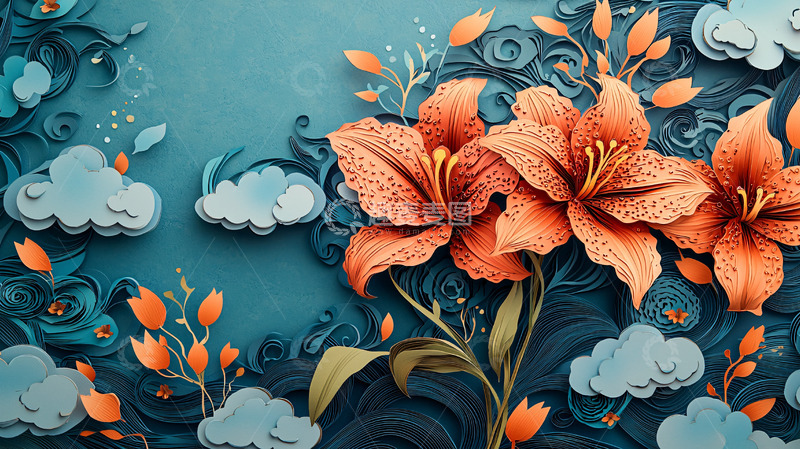 高清大图下载【趣麦麦图】蓝绿色背景纸艺百合花