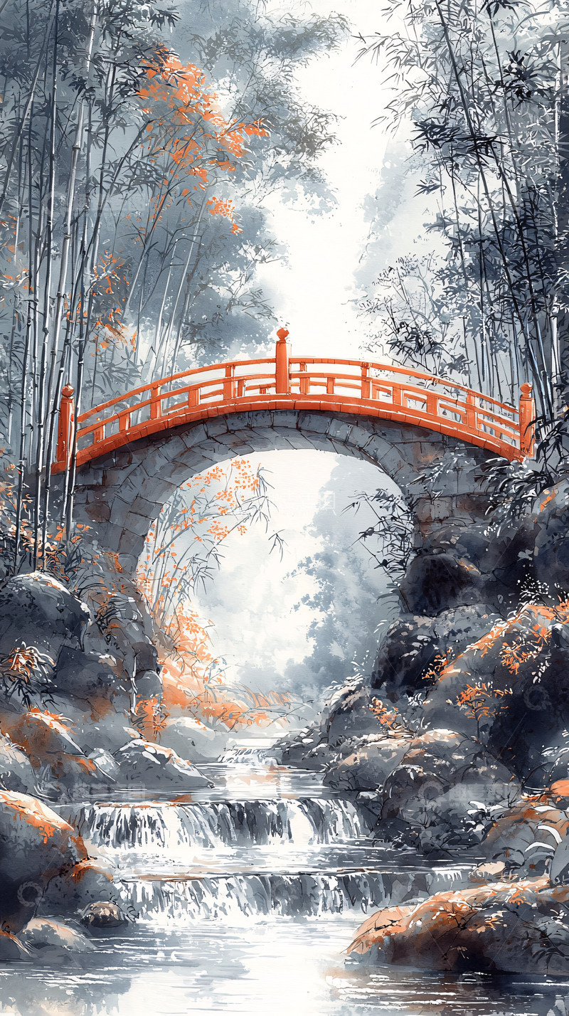 高清大图下载【趣麦麦图】红色桥梁下的流水景色