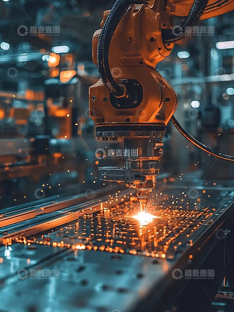 高清大图下载【趣麦麦图】工业机器人正在激光切割金属