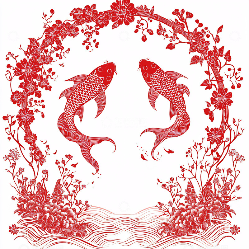 高清大图下载【趣麦麦图】红色鲤鱼花环图案