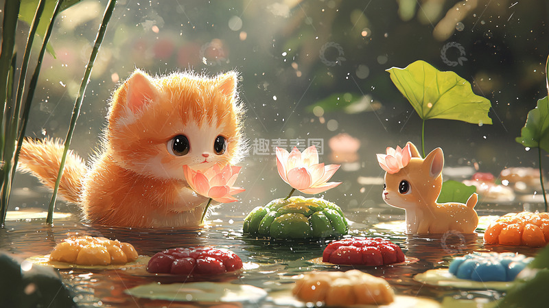 高清大图下载【趣麦麦图】小猫与小鹿雨中赏荷