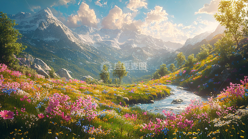 高清大图下载【趣麦麦图】阳光明媚的阿尔卑斯山花田