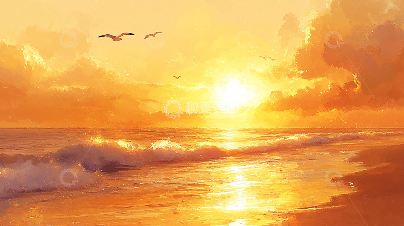 高清大图下载【趣麦麦图】金色海滩日落的壮丽景象