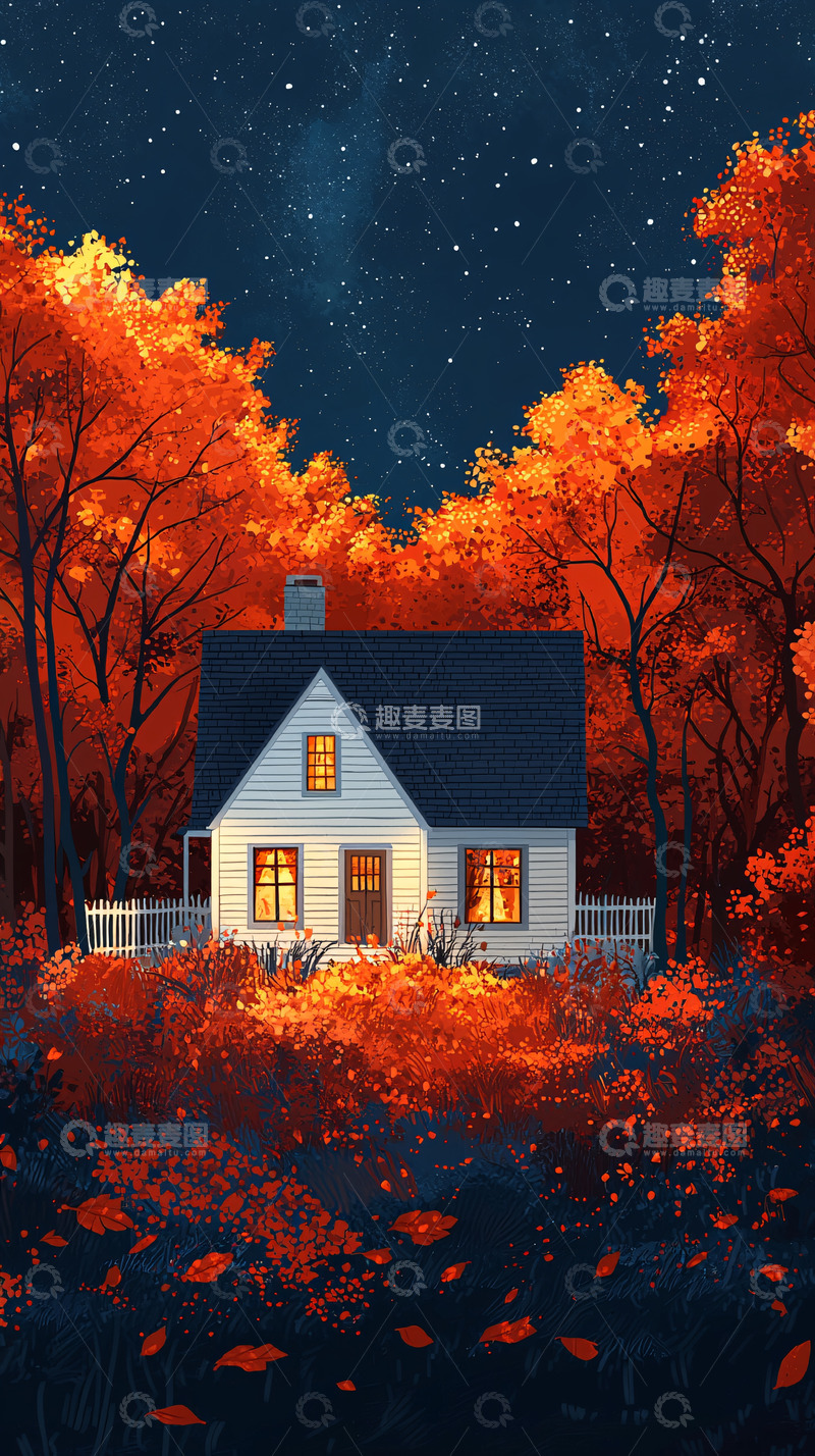 高清大图下载【趣麦麦图】秋夜星空下的温暖小屋