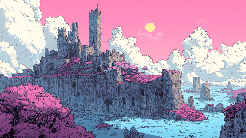 高清大图下载【趣麦麦图】粉色天空下的古堡