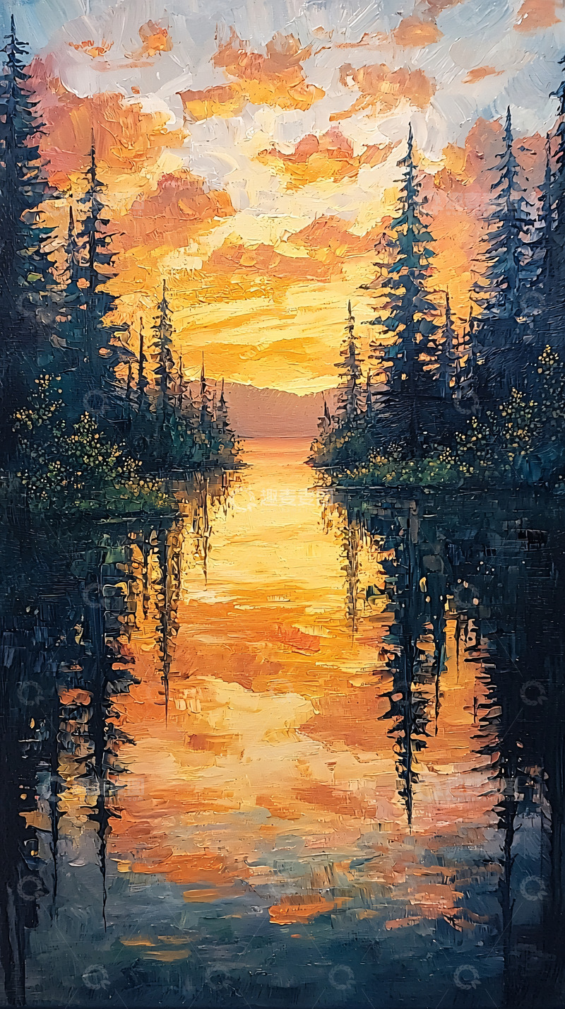 高清大图下载【趣麦麦图】日落湖泊森林倒影