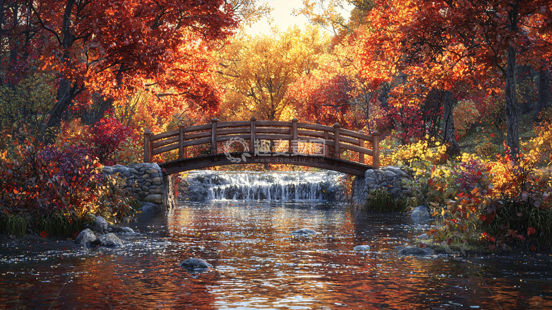 高清大图下载【趣麦麦图】秋日森林小桥流水