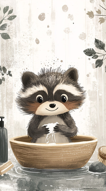 可爱浣熊洗澡图