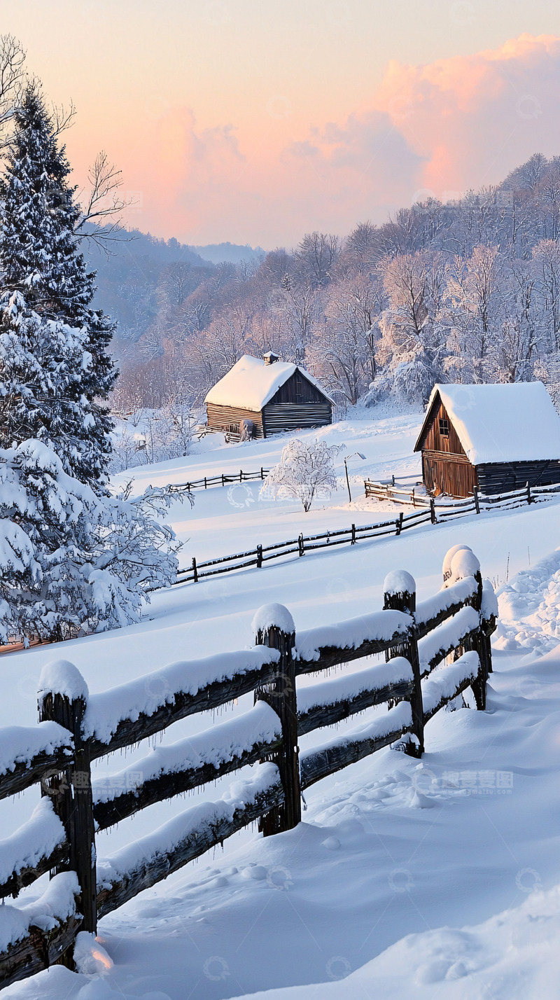 高清大图下载【趣麦麦图】冬日雪景乡村小屋