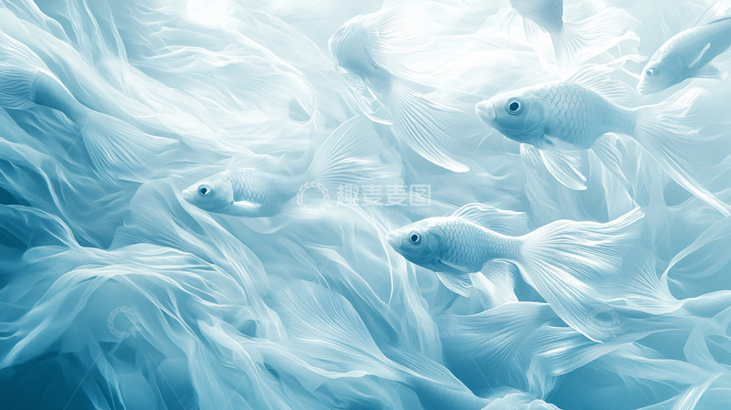 高清大图下载【趣麦麦图】轻柔飘逸的蓝色薄纱与金鱼