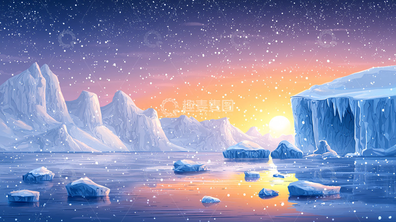 高清大图下载【趣麦麦图】极地冰川日落景色
