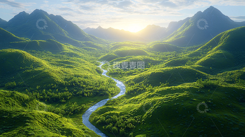 高清大图下载【趣麦麦图】朝阳下的绿色山谷河流