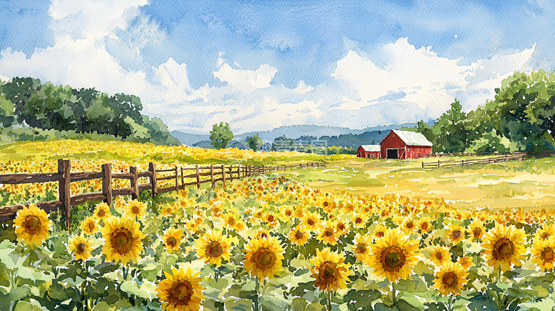 高清大图下载【趣麦麦图】向日葵田里的红色谷仓