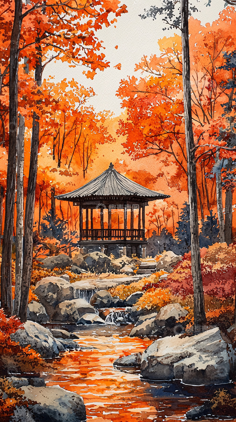 高清大图下载【趣麦麦图】秋日亭台水流潺潺