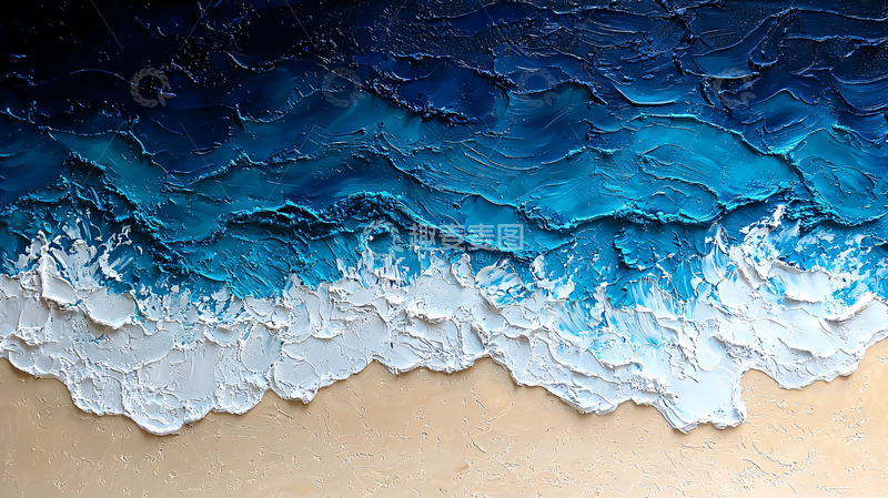高清大图下载【趣麦麦图】海浪拍打沙滩的油画质感