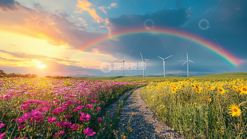 高清大图下载【趣麦麦图】绚丽彩虹下的田野风光