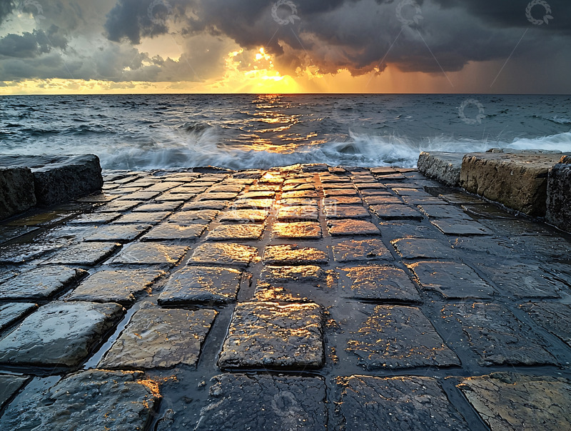 高清大图下载【趣麦麦图】海边日落石板路