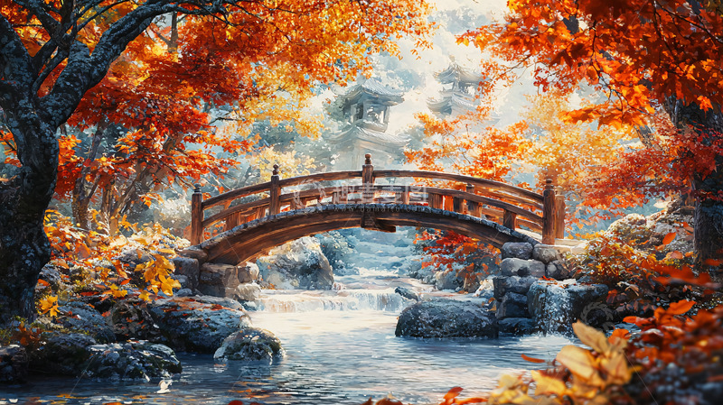 高清大图下载【趣麦麦图】秋日森林小桥流水