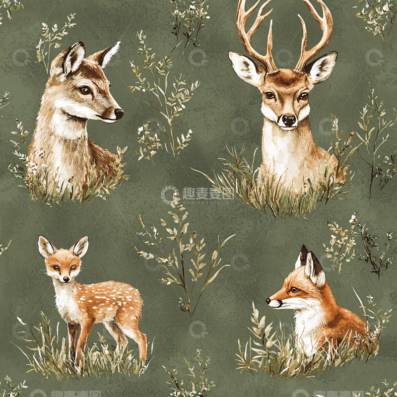 高清大图下载【趣麦麦图】水彩风格的鹿和狐狸插画