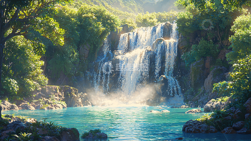 高清大图下载【趣麦麦图】阳光森林瀑布