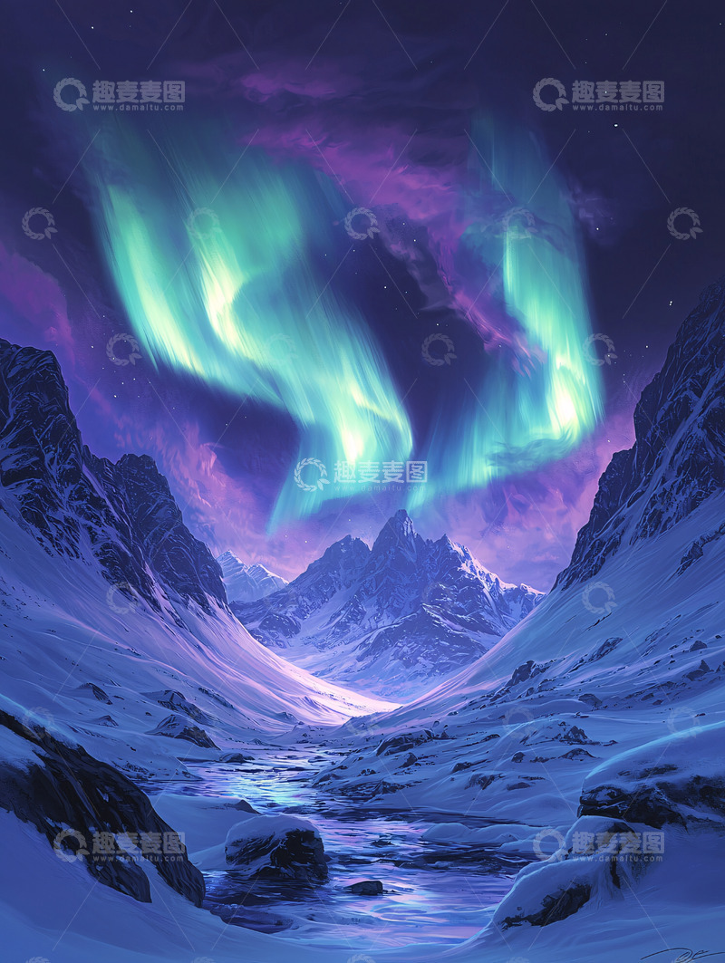 高清大图下载【趣麦麦图】极光下雪山美景