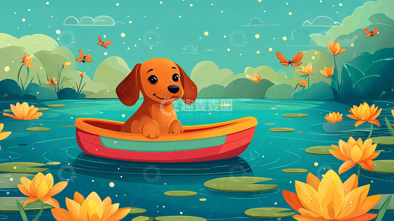 高清大图下载【趣麦麦图】小狗在小船上