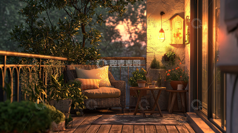高清大图下载【趣麦麦图】夜晚阳台休闲区