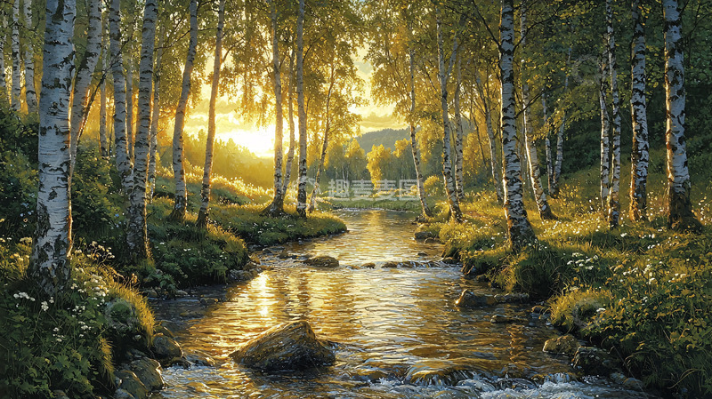 高清大图下载【趣麦麦图】夕阳下的桦树林溪流
