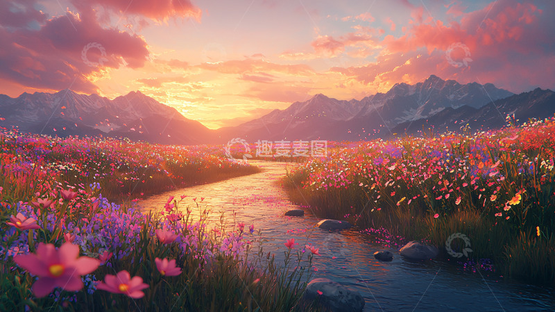 高清大图下载【趣麦麦图】日落花海溪流山脉