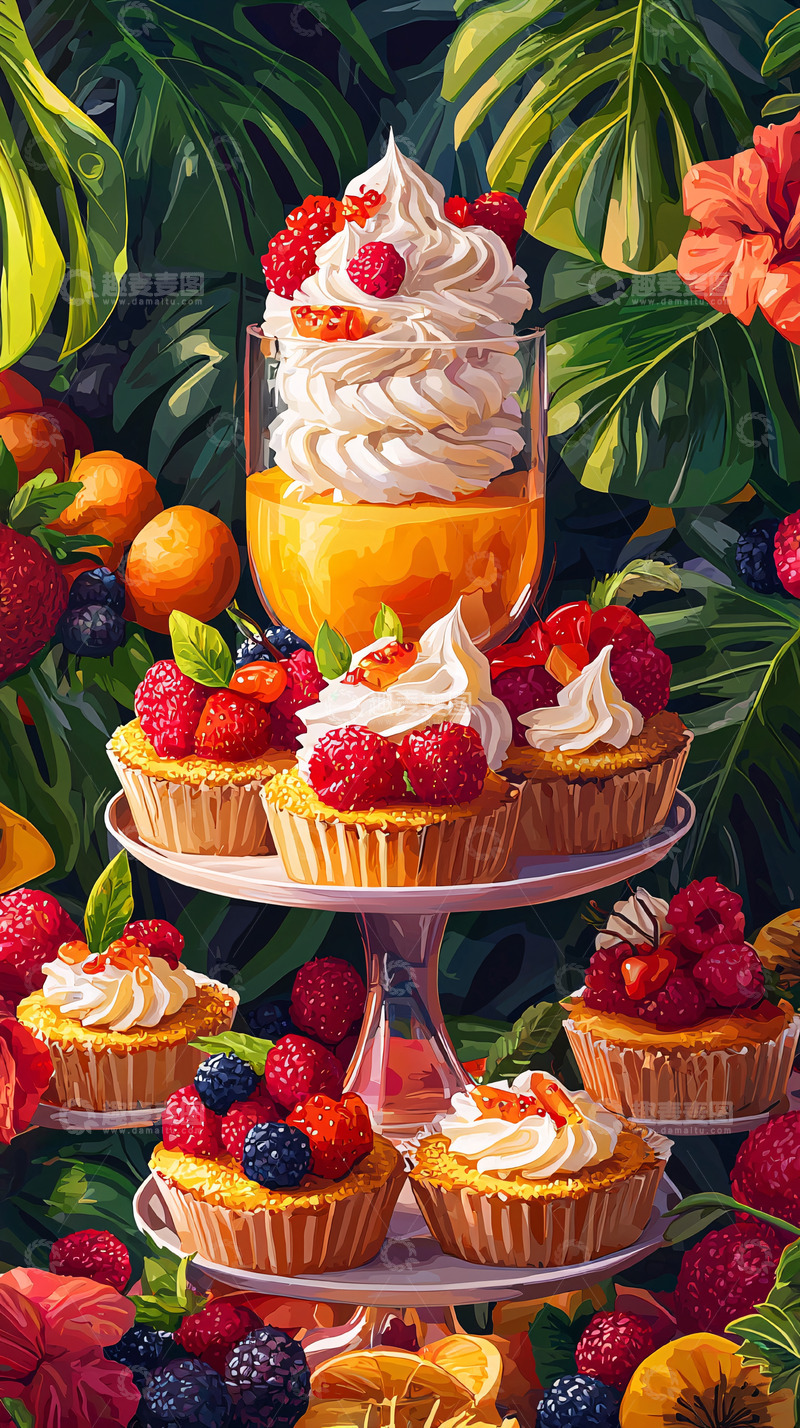 高清大图下载【趣麦麦图】热带水果奶油杯子蛋糕