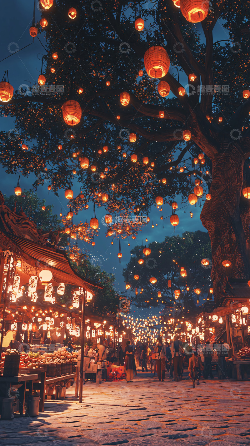 高清大图下载【趣麦麦图】夜晚古镇灯笼