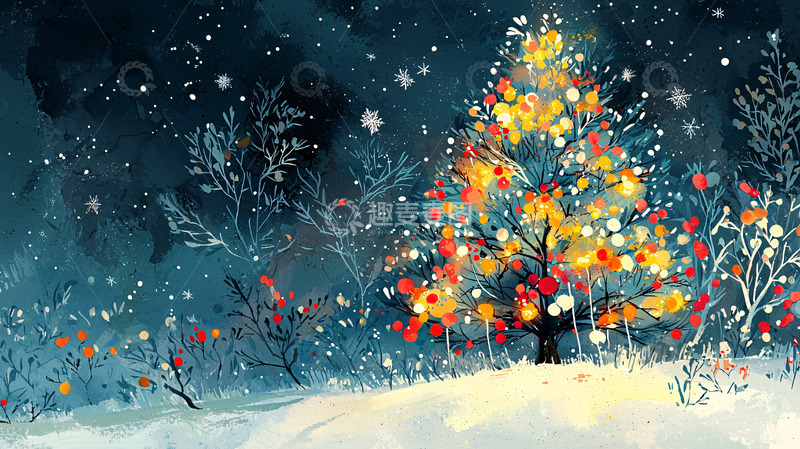 高清大图下载【趣麦麦图】冬夜雪景圣诞树