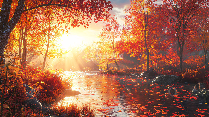 高清大图下载【趣麦麦图】秋日暖阳下的红叶溪流