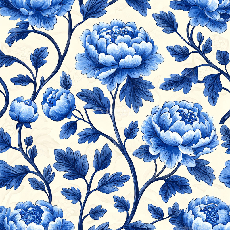 高清大图下载【趣麦麦图】青花瓷风格的牡丹花纹样