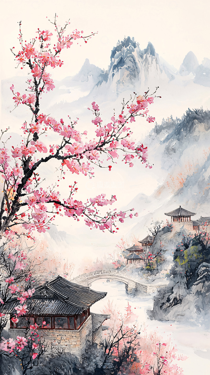 高清大图下载【趣麦麦图】水墨风桃花山水人家
