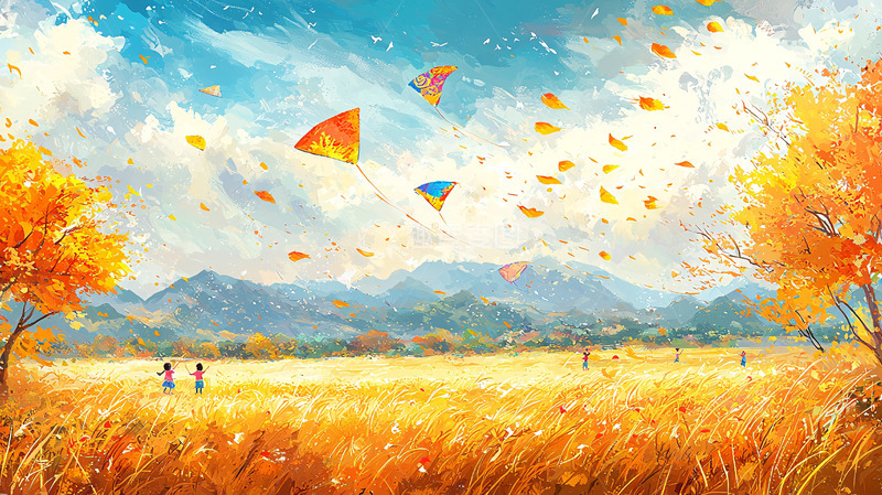 高清大图下载【趣麦麦图】秋日田野风筝飞舞