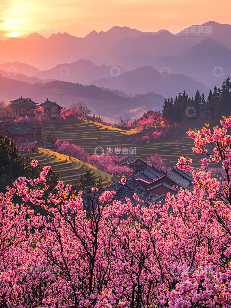 高清大图下载【趣麦麦图】日出山峦梯田樱花
