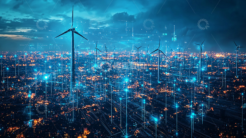 高清大图下载【趣麦麦图】夜幕下的风力发电城市