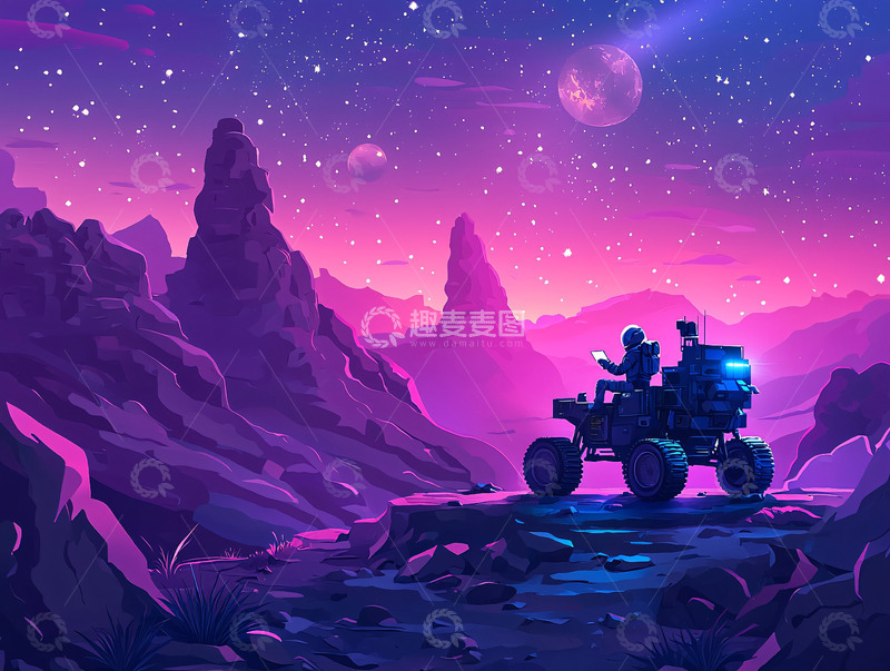 高清大图下载【趣麦麦图】紫色星空下的火星车