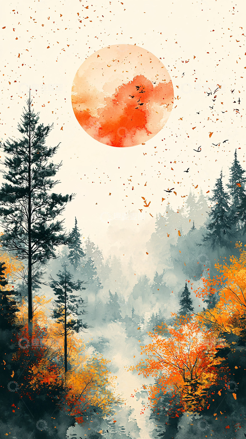 高清大图下载【趣麦麦图】秋季森林日落