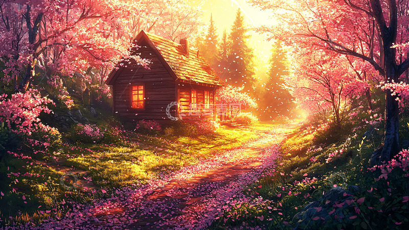 高清大图下载【趣麦麦图】温暖阳光下的森林小屋