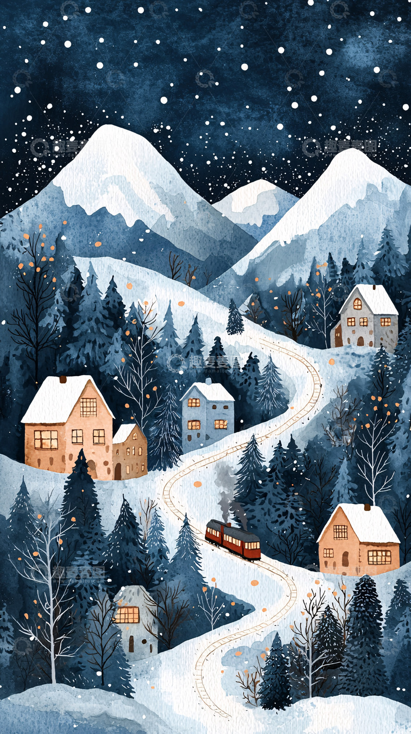 高清大图下载【趣麦麦图】冬夜雪山小镇火车