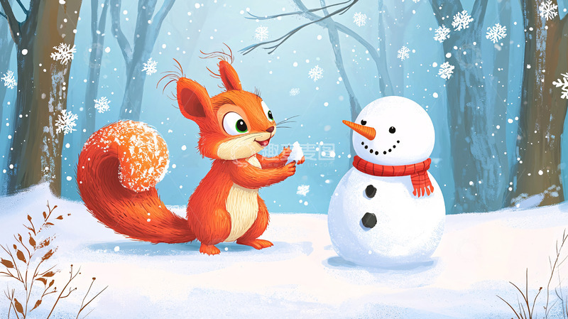 高清大图下载【趣麦麦图】小松鼠和雪人冬日场景