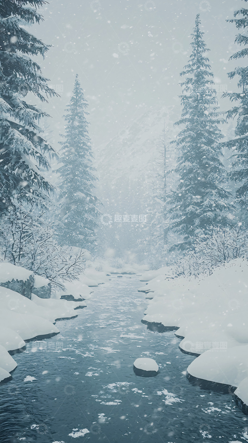 高清大图下载【趣麦麦图】雪中溪流