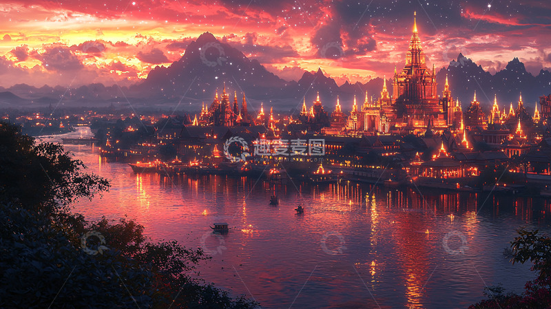 高清大图下载【趣麦麦图】梦幻般夕阳下的古城