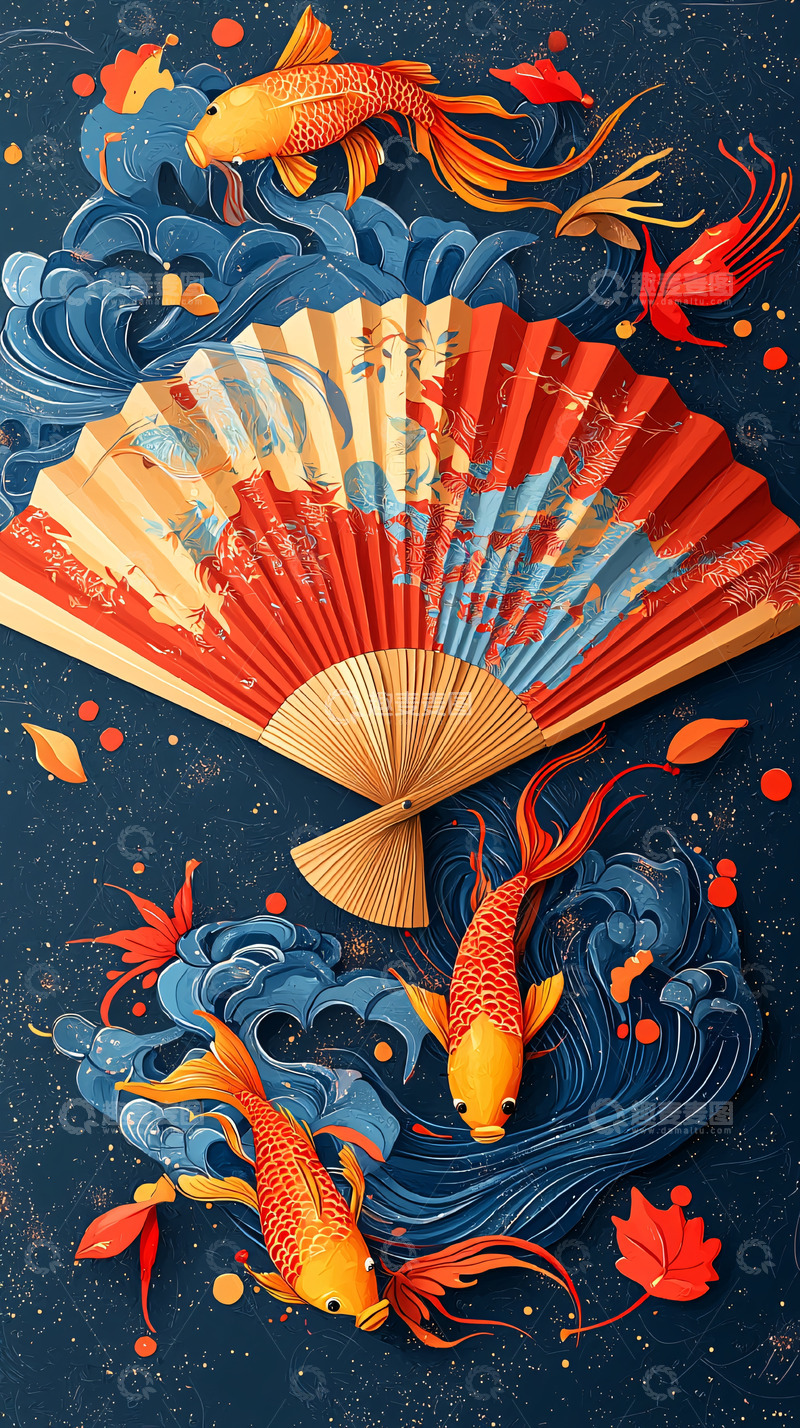 高清大图下载【趣麦麦图】金鱼戏水扇子图