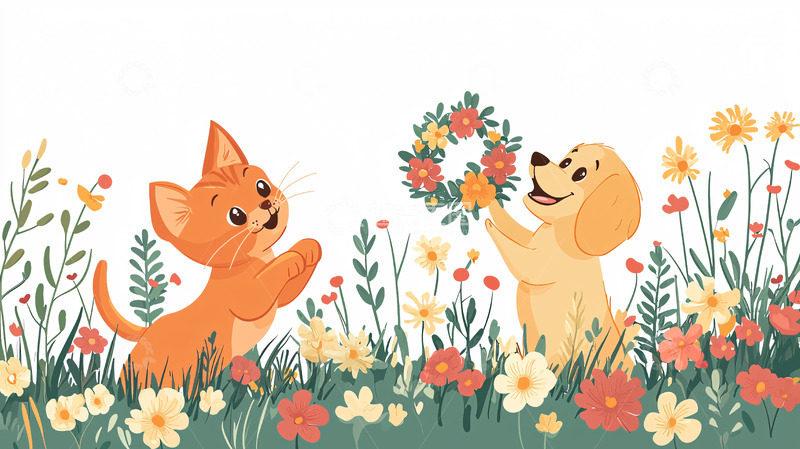 高清大图下载【趣麦麦图】小猫小狗鲜花花环