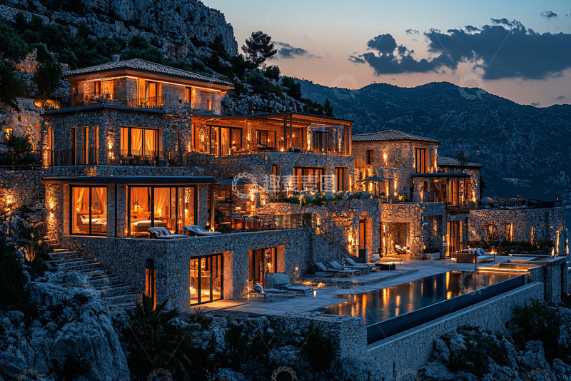 高清大图下载【趣麦麦图】山崖别墅夜景